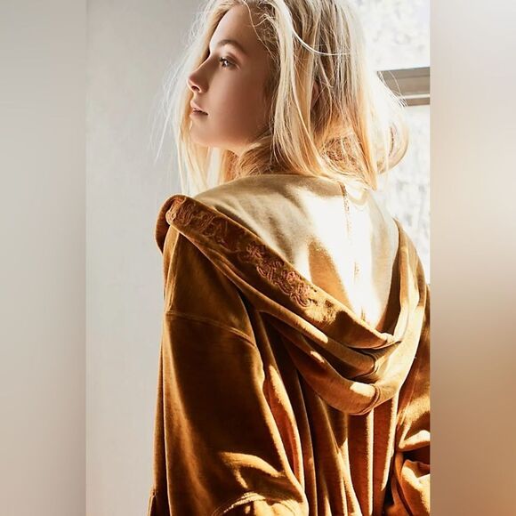 Free People Velvet Hooded Jacket in Rich Brown Sz L - Picture 3 of 9